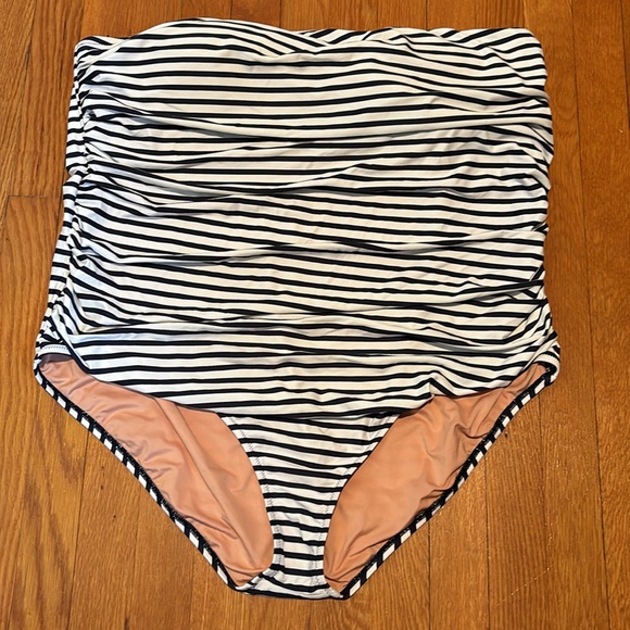Reimagined by J Crew ruched bandeau one piece bathing suit in horizontal stripes - Picture 1 of 15